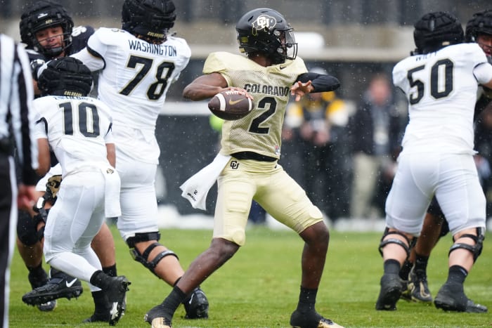 Colorado Buffaloes quarterback Shedeur Sanders (2) prepares to pass during the first half of the spring game at Folsom Field
